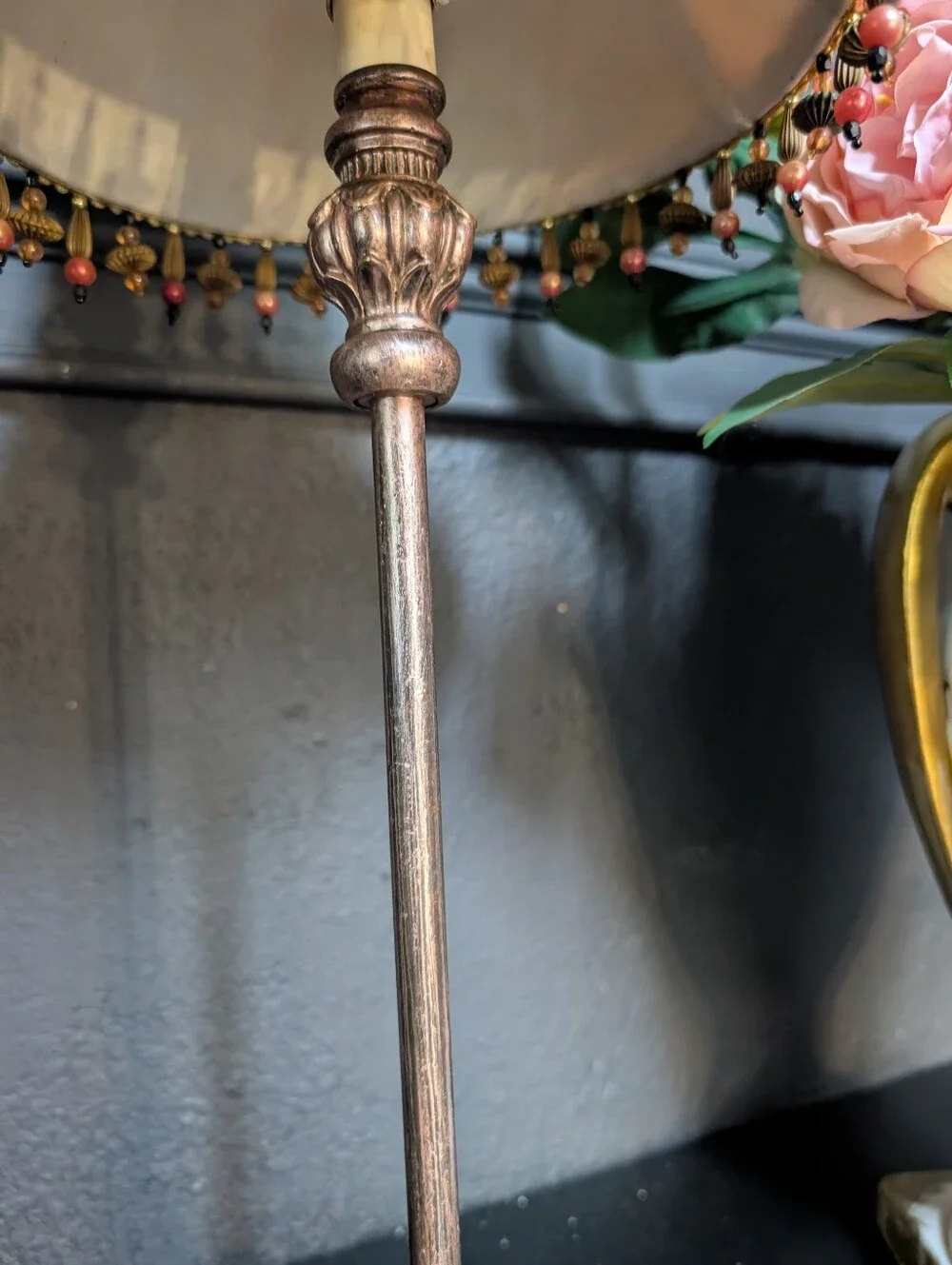Vintage Petite Hollywood Regency Boudoir Lamp, Rose Gold Ornate base, Bead Shad